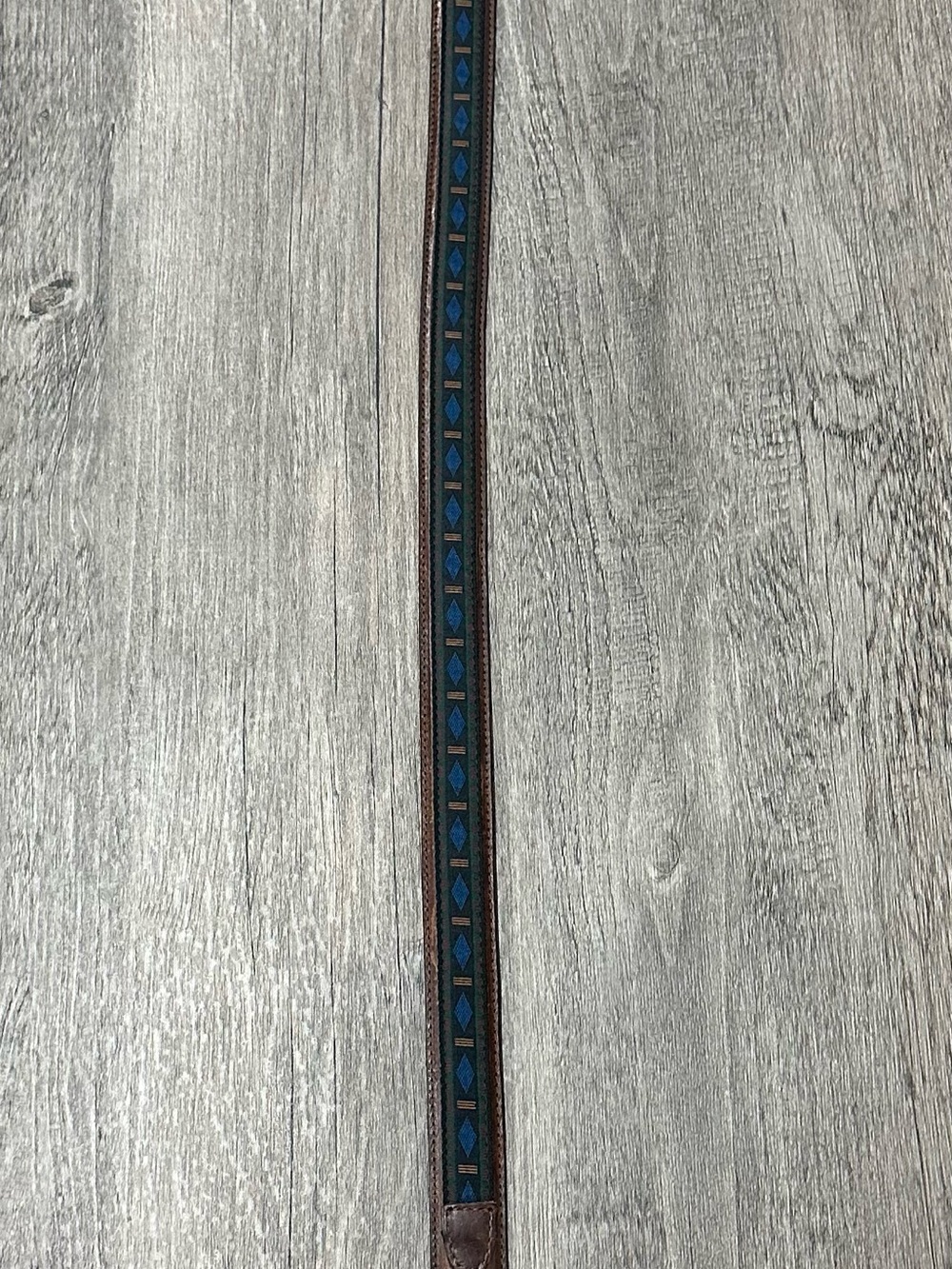 Vintage Woolrich Brown Leather Belt with Blue Geometric Inlay brass buckle